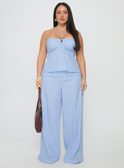 side view of model wearing Princess Polly Sofea Mid Rise Pant Blue Stripe Curve High Waisted Pants 