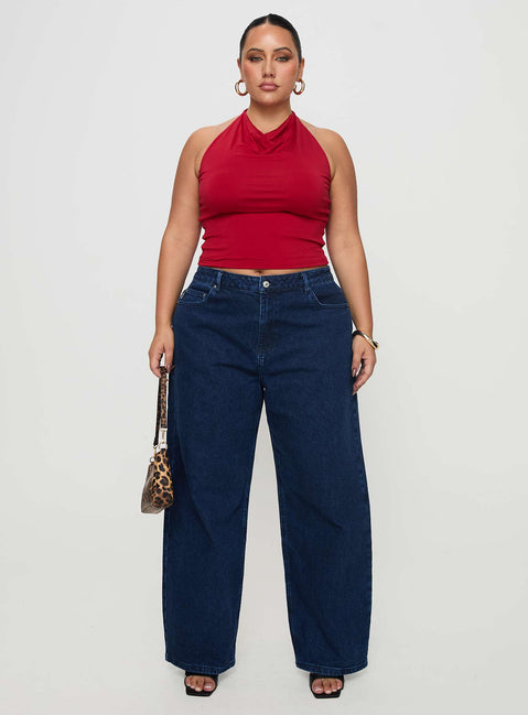 front view of model wearing Princess Polly Britta Mid Rise Tapered Leg Jeans Dark Wash Curve High Waisted 