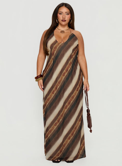 Esmira Halter Maxi Dress Brown Stripe Curve