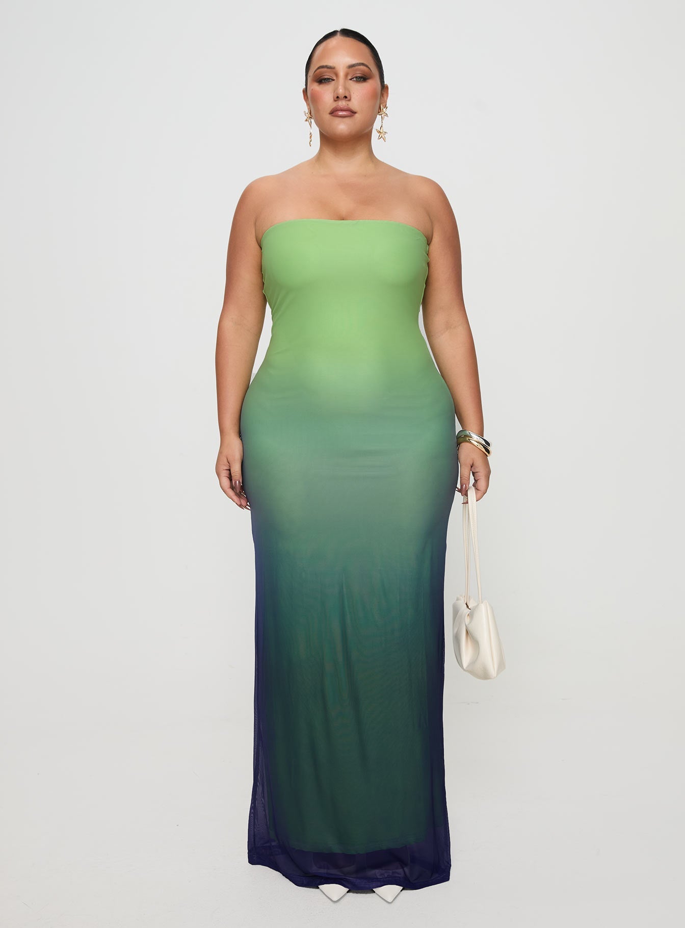 front view of model wearing Princess Polly Stolen Love Strapless Maxi Dress Blue / Green Ombre Curve Straight Neck 