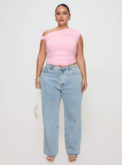 front view of model wearing Princess Polly Fawcett High Rise Straight Leg Jeans Light Blue Wash Curve High Rise Jeans Jeans 