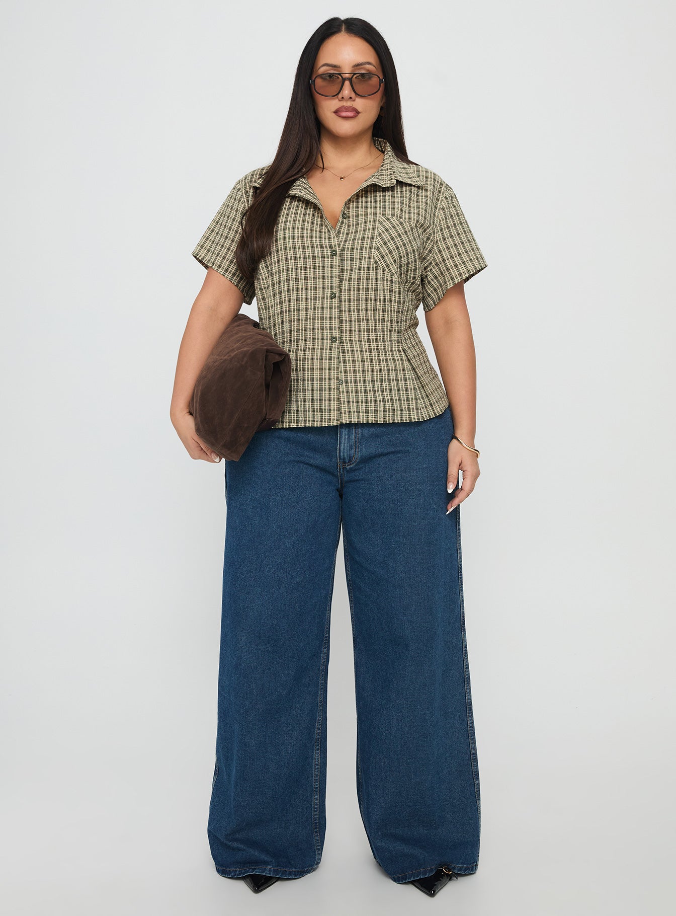 Alma Mater Top Green Check Curve