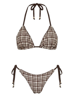 Glora Tie Side Ribbed Bikini Bottom Brown Check