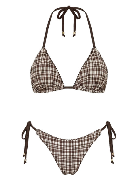Glora Tie Side Ribbed Bikini Bottom Brown Check