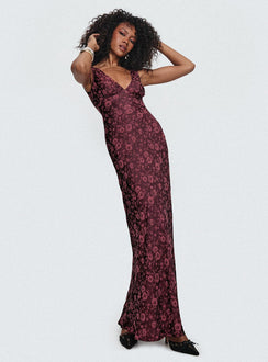 front view of model wearing Princess Polly Nell Jacquard Maxi Dress Burgundy V-Neck 