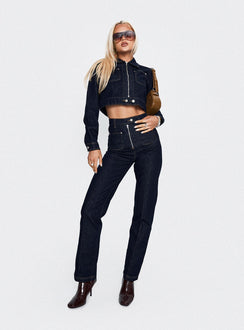 front view of model wearing Princess Polly Stallion Straight Leg Jeans Indigo High Waisted 