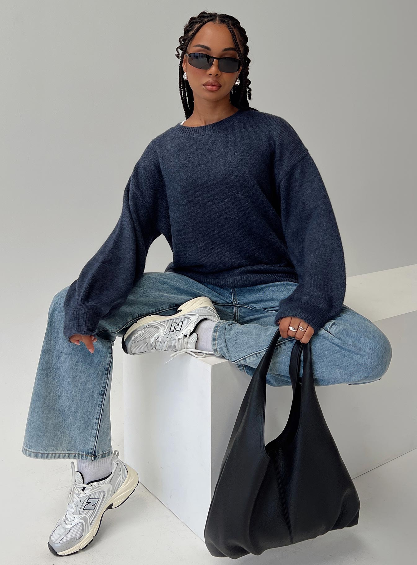 side view of model wearing Princess Polly Ryanna Sweater Navy Cropped 