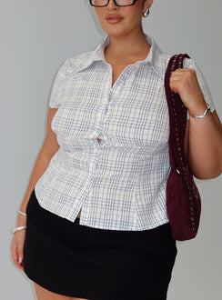 front view of model wearing Princess Polly Cottesloe Blouse Top Blue Check Curve Short Sleeves V-Neck 