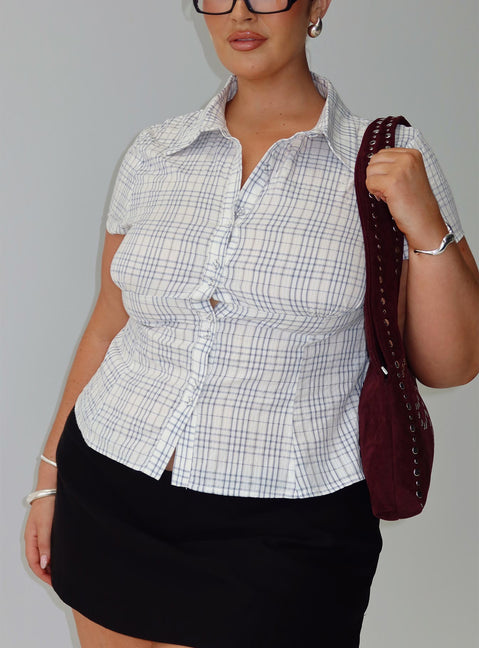 front view of model wearing Princess Polly Cottesloe Blouse Top Blue Check Curve Short Sleeves V-Neck 