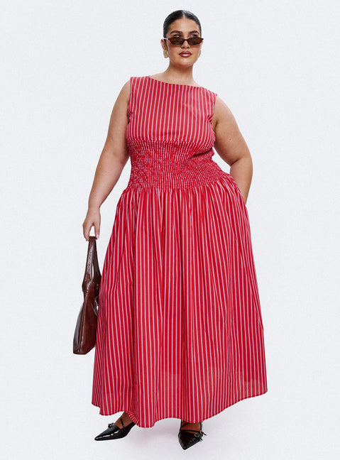 front view of model wearing Princess Polly Lilienne Cotton Poplin Maxi Dress Red Stripe Curve Crew Neck 