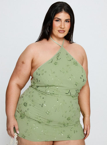 Evolet Embellished Halter Mini Dress Green Curve