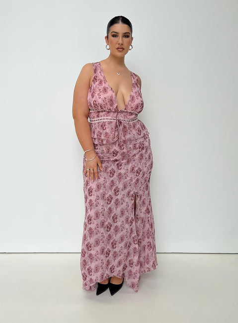 back view of model wearing Princess Polly Nikolise Maxi Skirt Purple Curve Maxi 