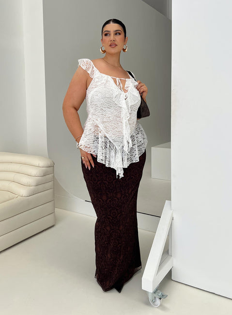 back view of model wearing Princess Polly Francia Frill Top White Curve Sleeveless V-Neck 