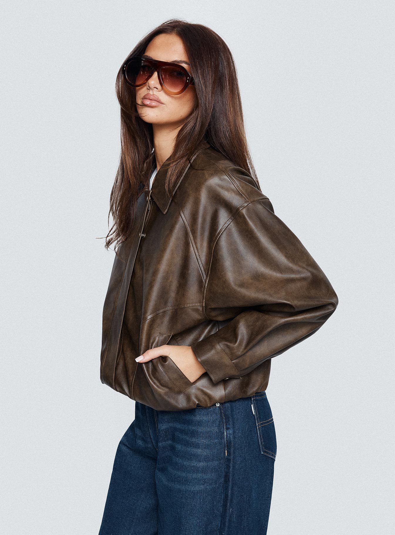 Mixtape Faux Leather Collared Jacket Brown