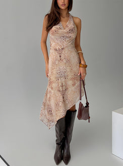 side view of model wearing Princess Polly Zolena Halter Asymmetrical Midi Dress Multi Cowl Neck 