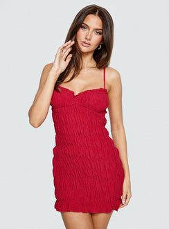 front view of model wearing Princess Polly Agent Of Love Shirred Mini Dress Red Sweetheart Neckline 