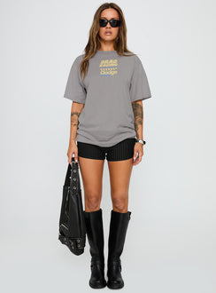 front view of model wearing Princess Polly Dodge Racer Oversized Graphic Tee Grey Half Sleeves Crew Neck 