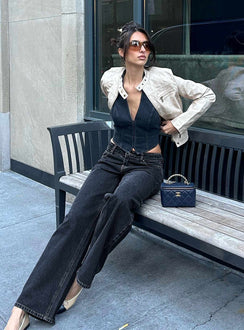 front view of model wearing Princess Polly Top Model Jeans Charcoal High Waisted 