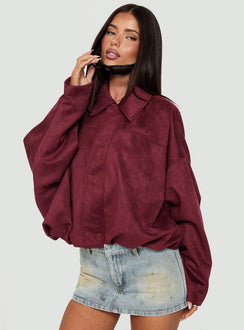 Enlightened Faux Suede Bomber Jacket Burgundy
