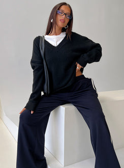 front view of model wearing Princess Polly Stay The Night V Neck Knit Sweater Black 