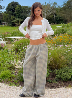 Showcasing Lunea Concealed Waistband Pants Multi Check womens-regular-pants with high-rise in checkered wide-leg front view of model wearing Princess Polly