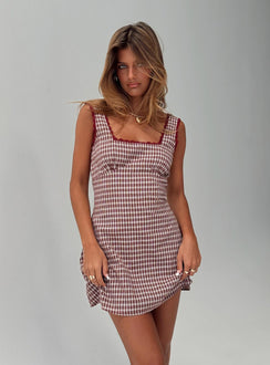 side view of model wearing Princess Polly Dasha Mini Dress Red Check Petite Square Neck 