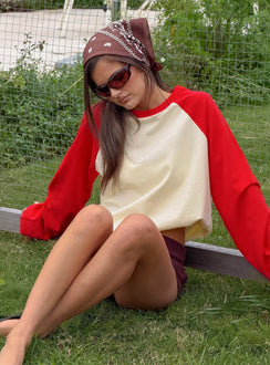 Settle Down Long Sleeve Raglan Top Lemon / Red