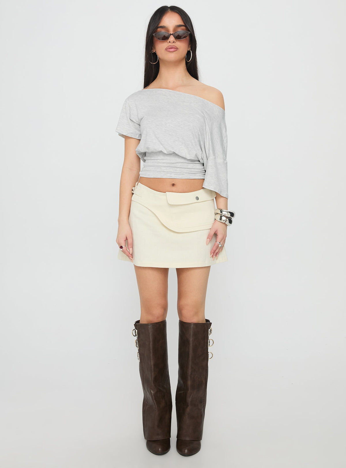   front view of model wearing Princess Polly Supersonic Belted Denim Mini Skirt Ivory Mini Skirts Skirts 
