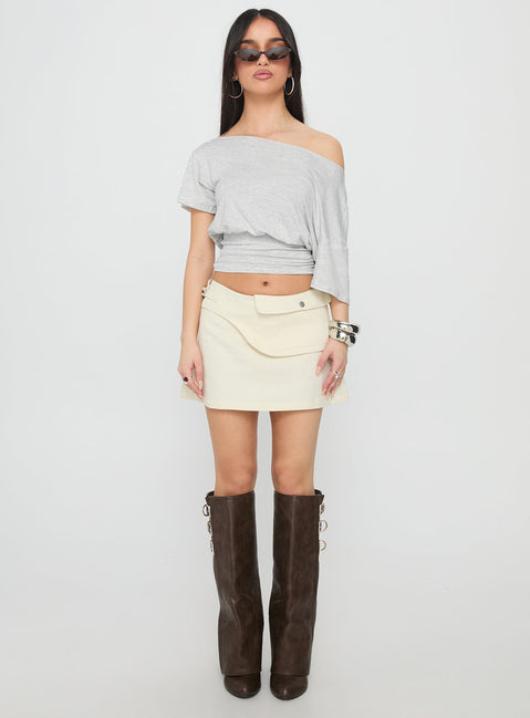   front view of model wearing Princess Polly Supersonic Belted Denim Mini Skirt Ivory Mini Skirts Skirts 