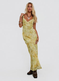 front view of model wearing Princess Polly Fernwood Maxi Dress Yellow Multi Plunger 