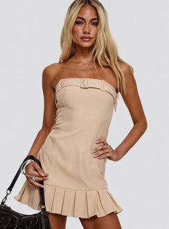 front view of model wearing Princess Polly Sesamie Belted Mini Dress Beige Straight Neck 