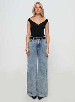 front view of model wearing Princess Polly Faure Bodysuit Black Sleeveless V-Neck 