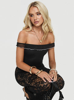 side view of model wearing Princess Polly Got It Bad Off The Shoulder Bodysuit Black Short Sleeves Crew Neck 