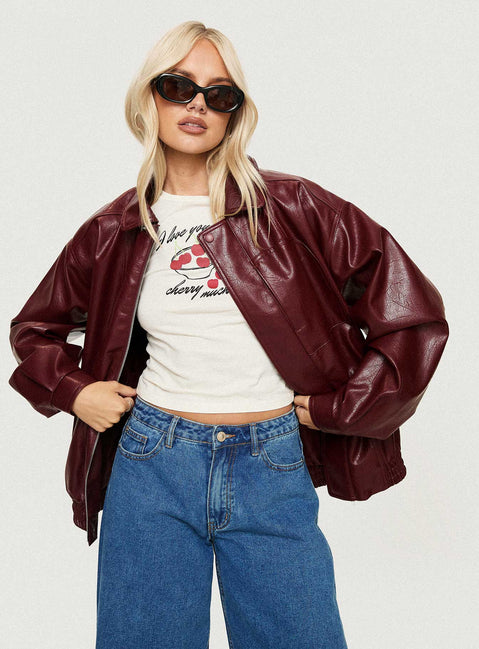 Burgundy Faux Leather jacket Oversized fit, zip fastening at front, classic collar, twin hip pockets, elasticated waistband