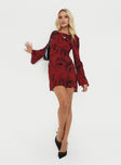 Long sleeve mini dress Floral print, high neckline, flared sleeves, invisible zip fastening Non-stretch material, unlined