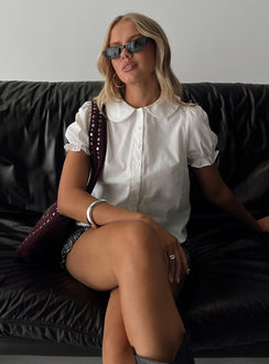 front view of model wearing Princess Polly Neverland Blouse Top White Short Sleeves Crew Neck 