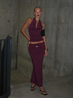   side view of model wearing Princess Polly Vanecia Maxi Skirt Purple Maxi Skirts 