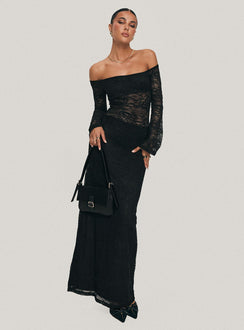 front view of model wearing Princess Polly Pinot Grigio Long Sleeve Lace Maxi Dress Black Straight Neck 