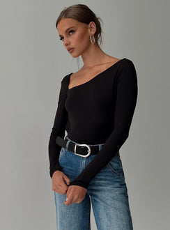 side view of model wearing Princess Polly Look This Good Backless Bodysuit Black Long Sleeve Tops 