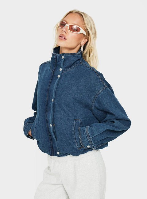 Soja Denim Funnel Neck Jacket Mid Blue Wash