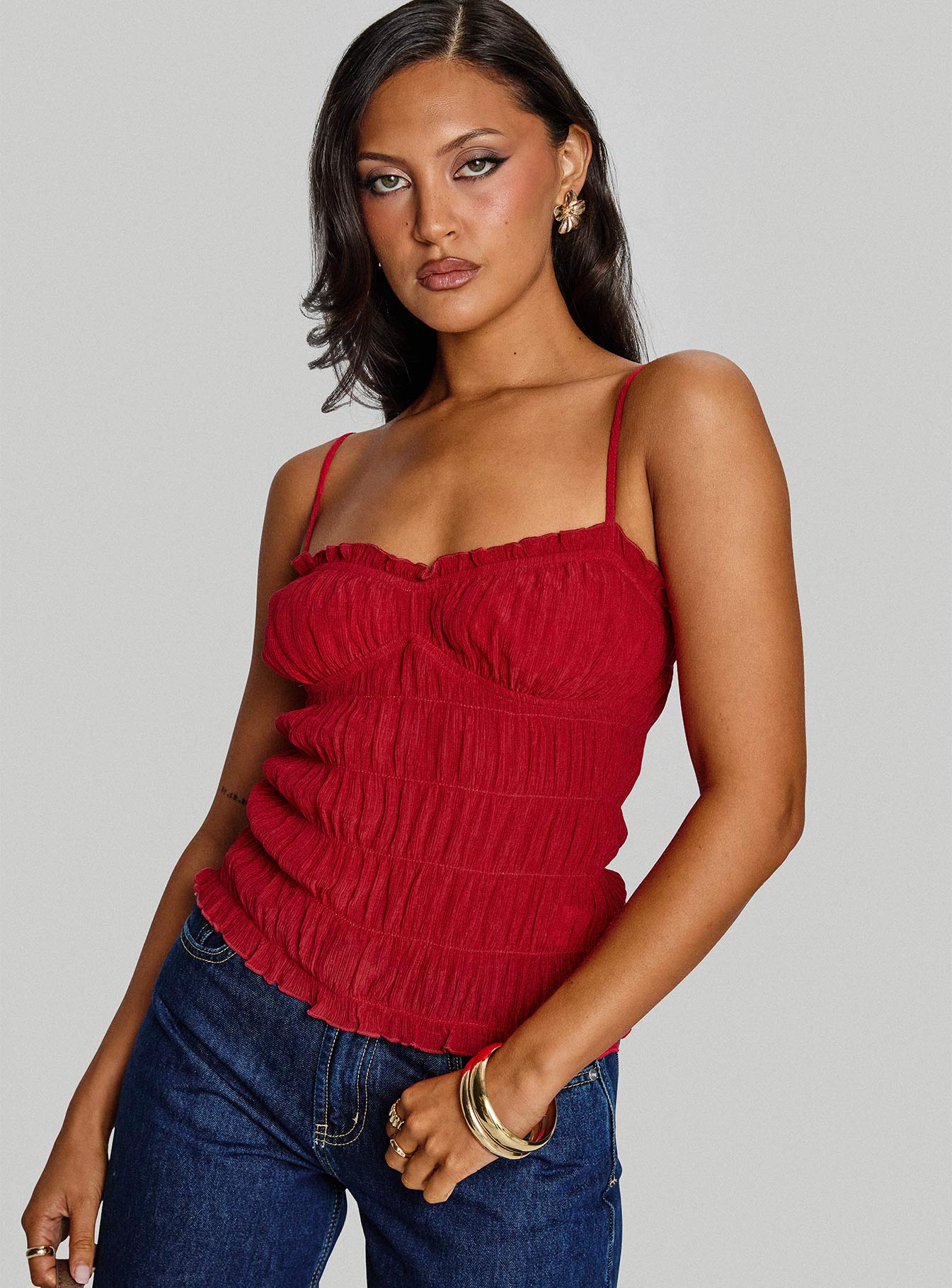 side view of model wearing Princess Polly Money Maker Ruched Cami Top Red Sleeveless Sweetheart 