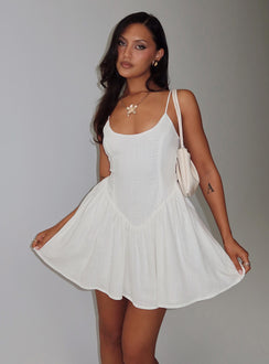 side view of model wearing Princess Polly Angel Wings Tie Up Mini Dress White Scoop Neck 