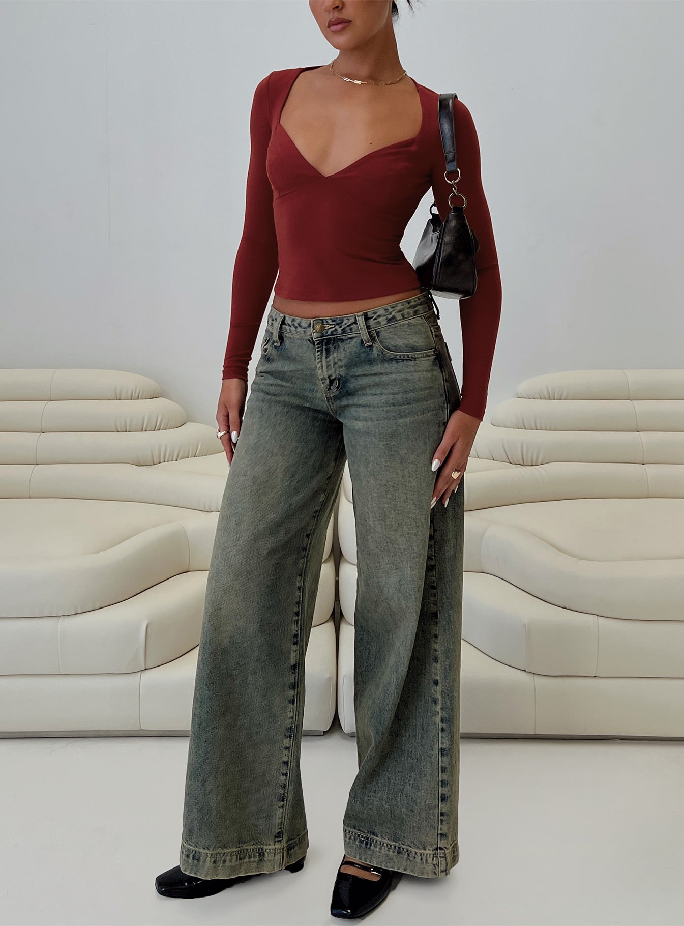 front view of model wearing Princess Polly Tonya Long Sleeve Top Red Full Sleeves Sweetheart 