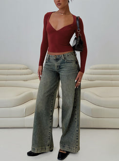 front view of model wearing Princess Polly Tonya Long Sleeve Top Red Full Sleeves Sweetheart 