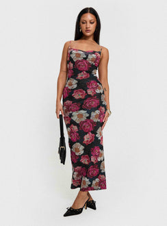 side view of model wearing Princess Polly Auley Maxi Dress Multi / Red Floral Cowl Neck 