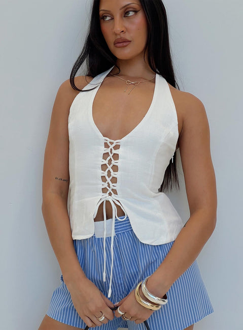 front view of model wearing Princess Polly Clouded Linen Blend Vest Top White Sleeveless Plunger 