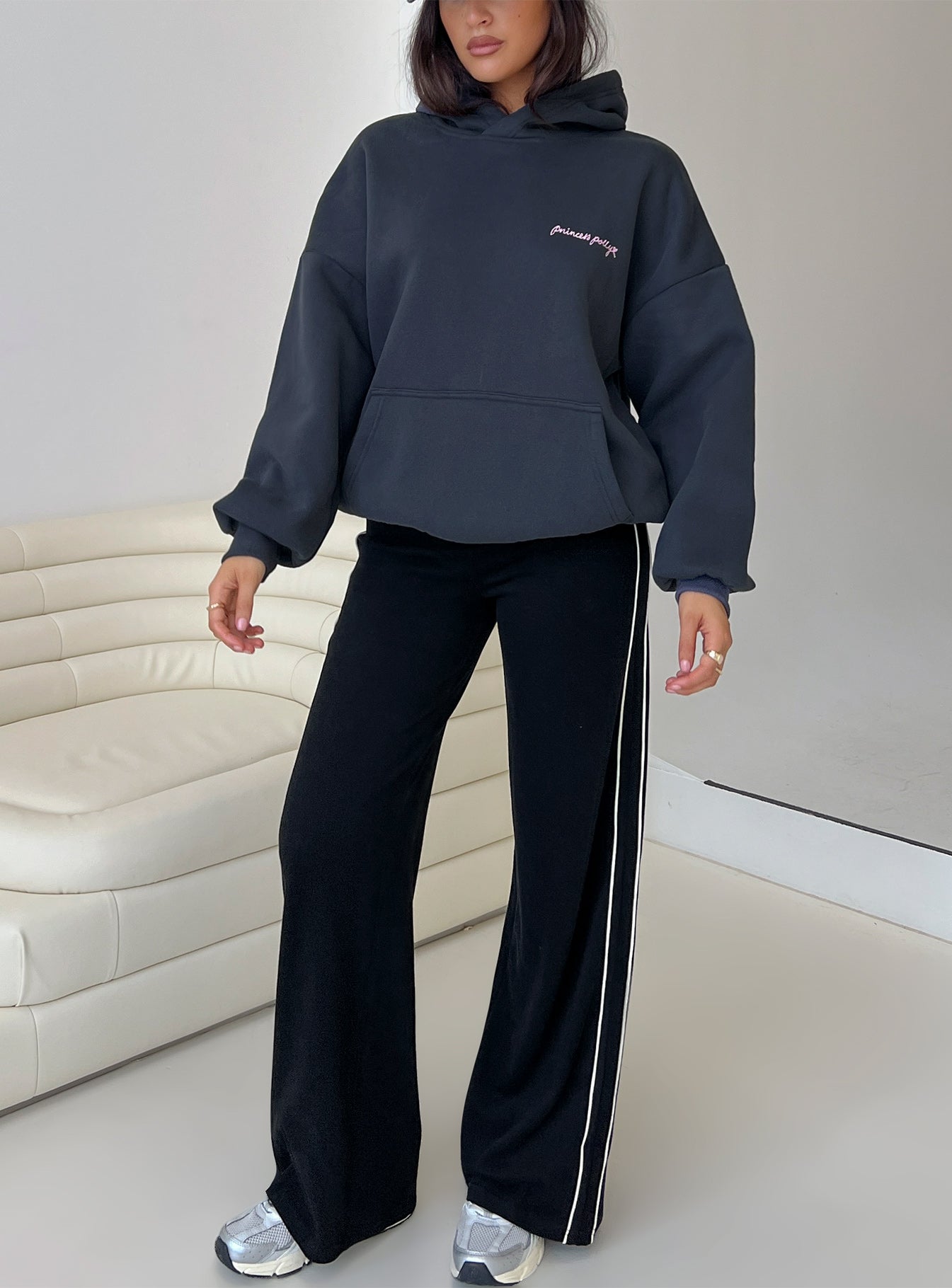 front view of model wearing Princess Polly Ascenda Straight Leg Track Pant Black High Waisted Pants 