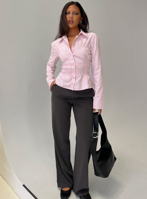 Liesel Shirred Long Sleeve Top Pink Stripe