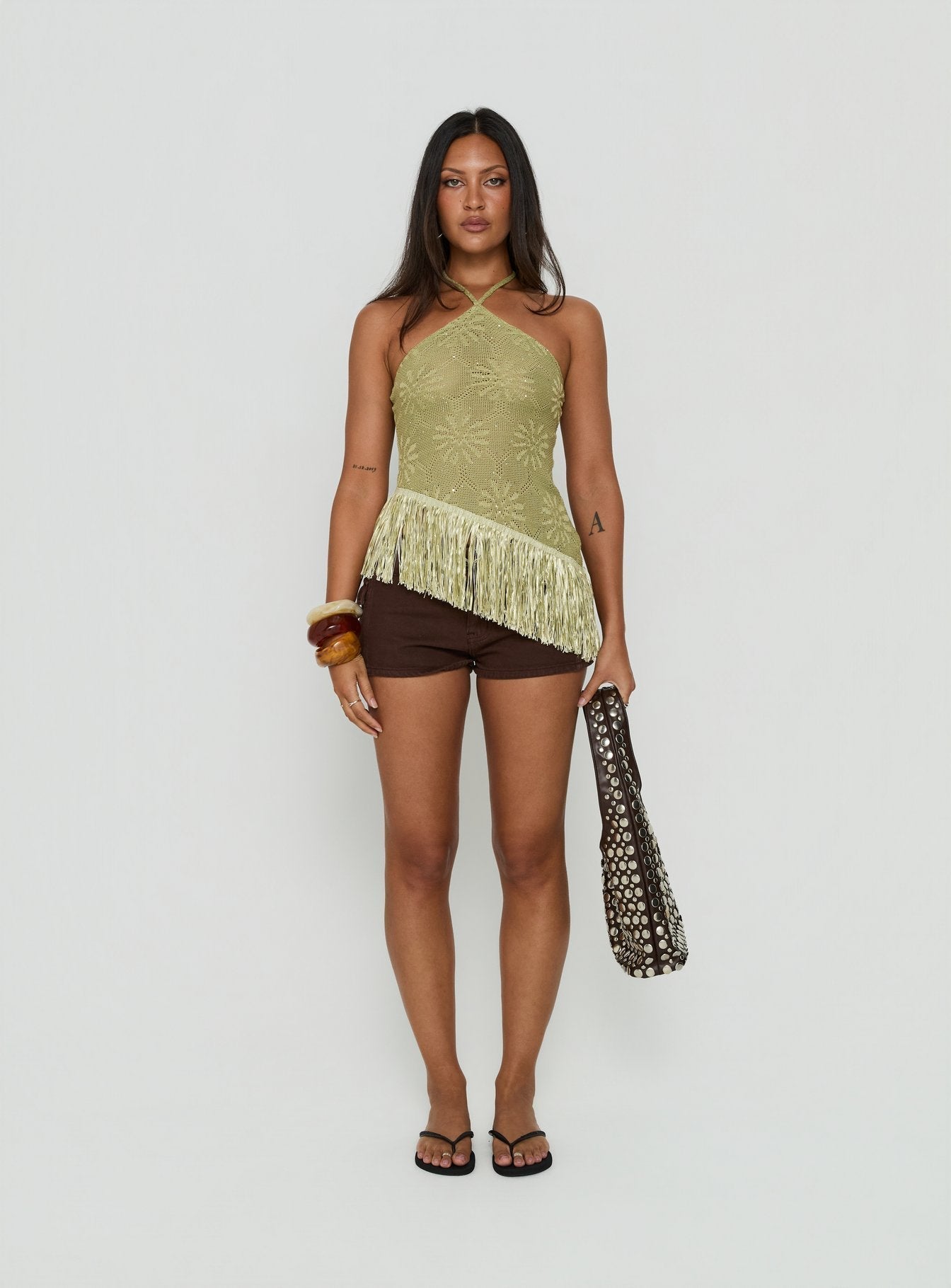 Masina Arrowneck Fringe Detail Top Green
