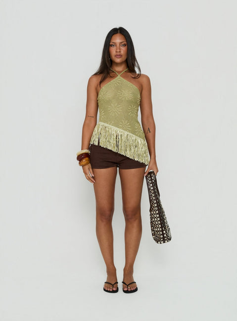 Masina Arrowneck Fringe Detail Top Green